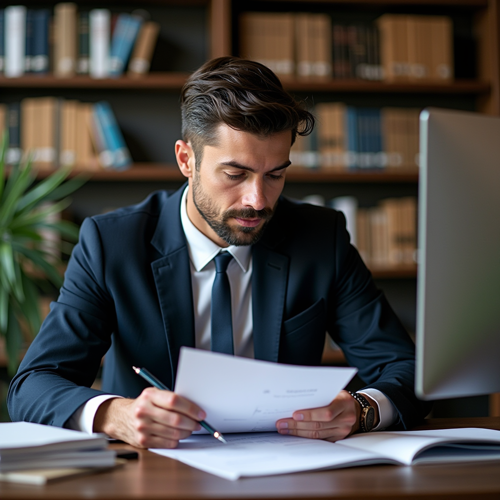 Avocat spécialisé en droit routier consultant un dossier de contestation d'amende dans un bureau professionnel moderne avec des livres de droit et un ordinateur
