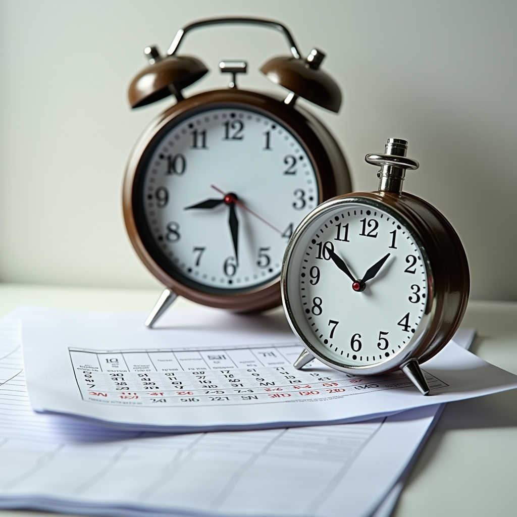 Calendrier avec documents juridiques et horloge symbolisant l'importance du respect des délais légaux pour la contestation des amendes routières en France