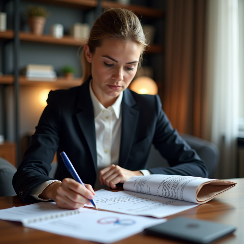 Professionnel du droit routier analysant un dossier de contestation avec des documents officiels sur un bureau moderne, ambiance chaleureuse et rassurante