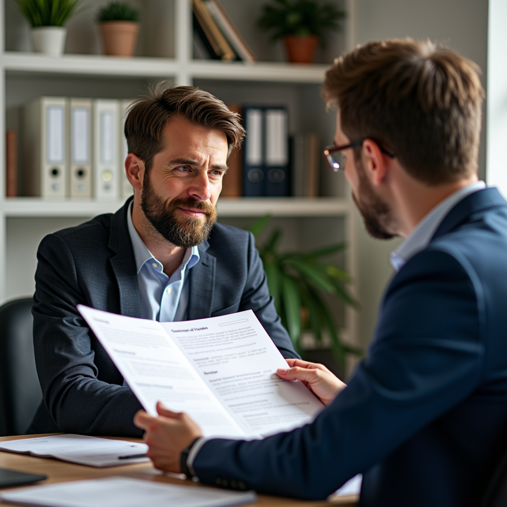 Consultant juridique examinant attentivement des documents de notification routière avec un automobiliste dans un bureau moderne et accueillant, avec des dossiers organisés et un ordinateur portable sur le bureau