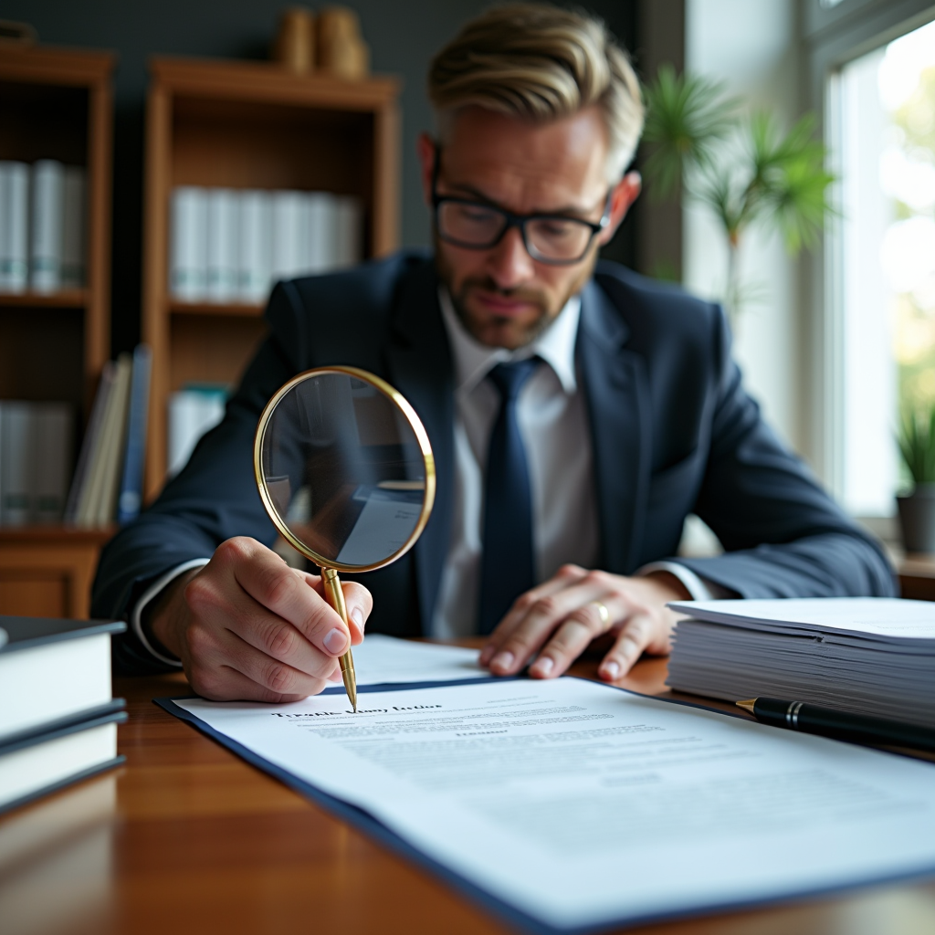 Expert en droit routier examinant attentivement des documents de notification avec une loupe sur un bureau en bois, entouré de livres juridiques et de dossiers, dans un bureau lumineux et professionnel