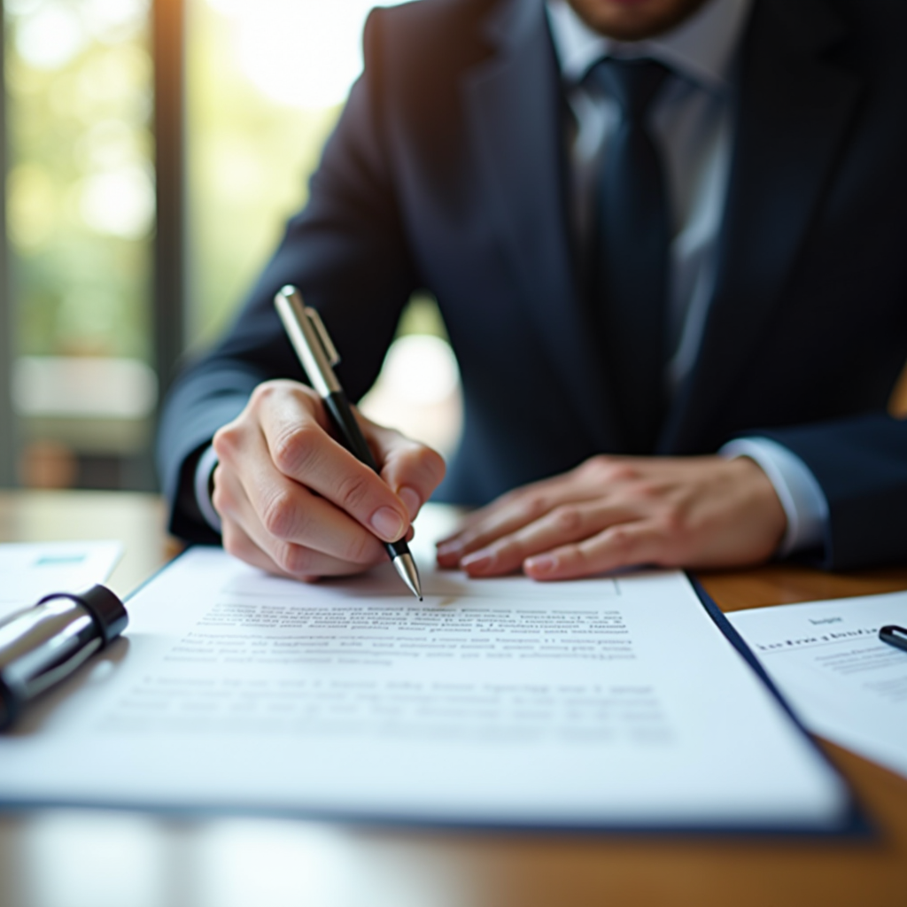 Personne rédigeant un courrier administratif à son bureau, avec des documents officiels et un stylo, atmosphère professionnelle et rassurante, lumière naturelle douce