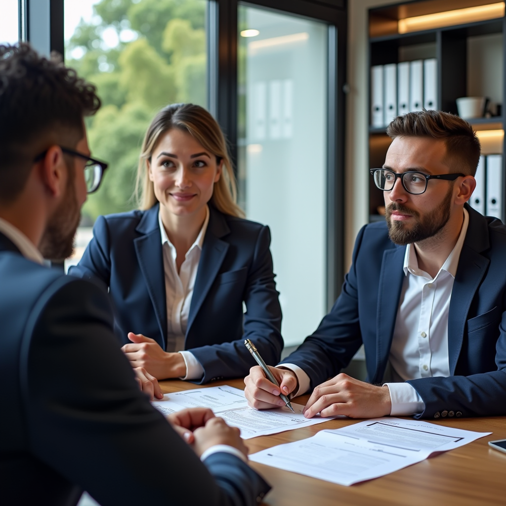 Consultation professionnelle en droit routier avec un spécialiste expliquant les options légales à un automobiliste concernant une notification de contravention, bureau moderne avec documents juridiques et code de la route