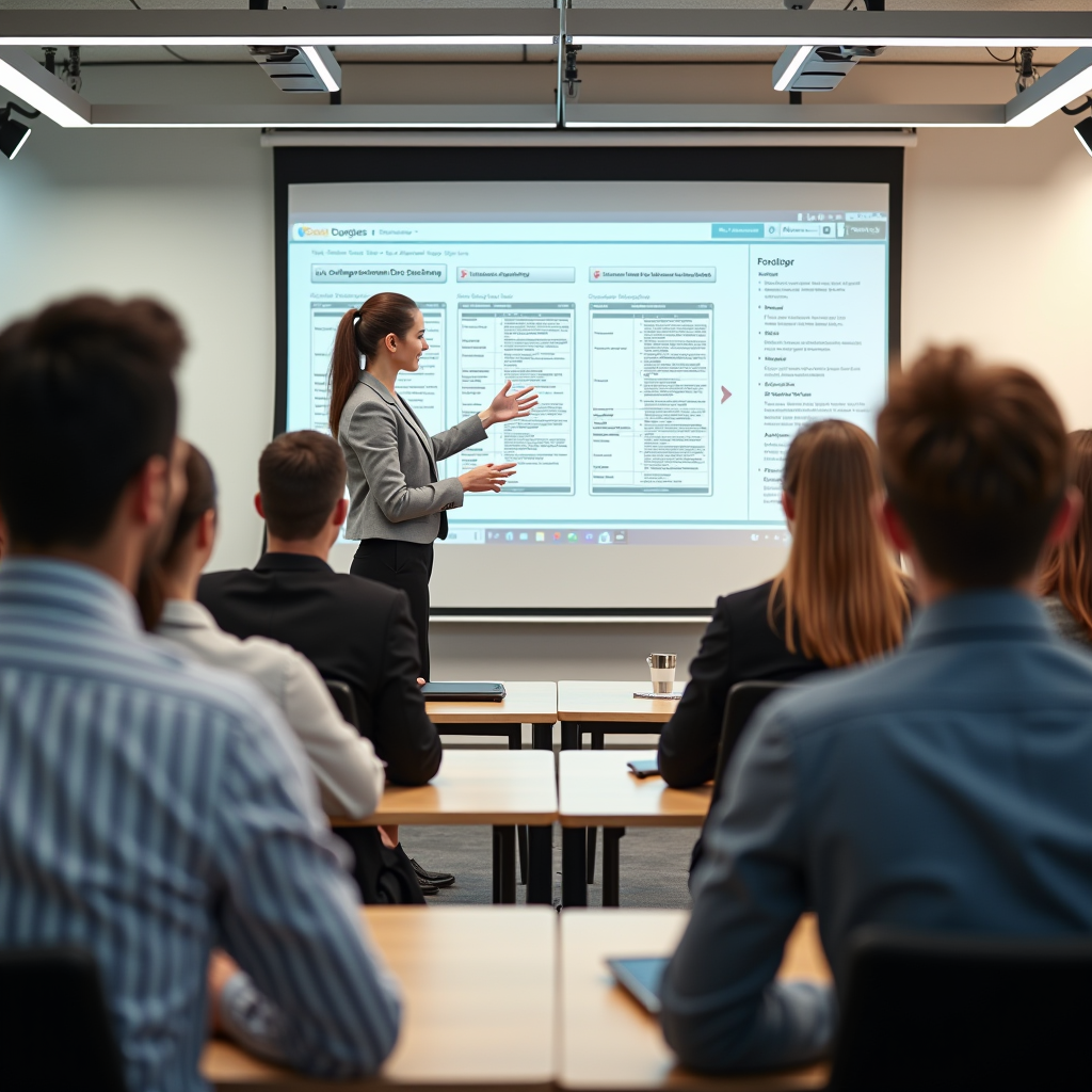 Salle de formation lumineuse avec des participants attentifs assis autour de tables, un formateur présentant des documents administratifs sur un écran, ambiance professionnelle et bienveillante, style moderne et chaleureux