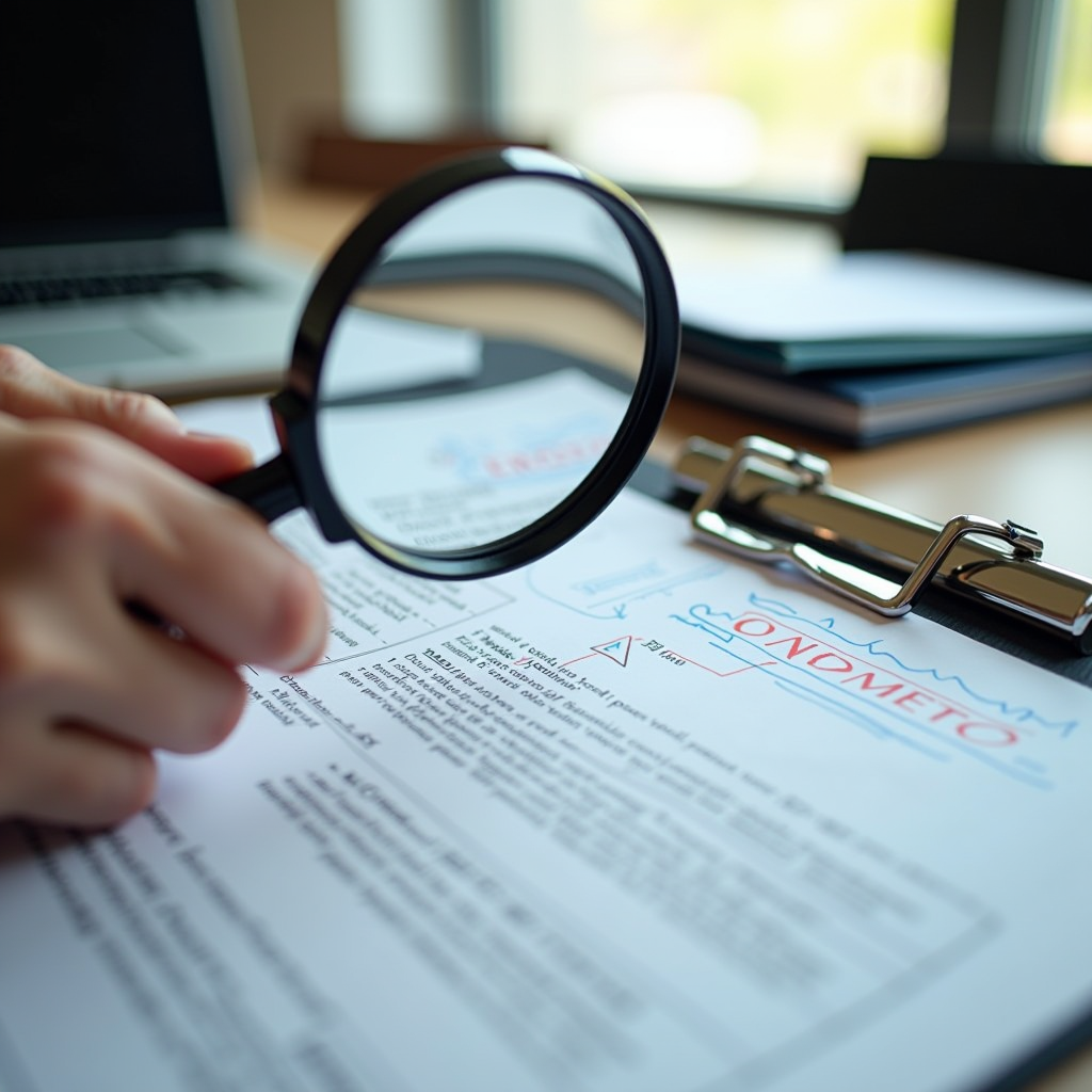 Loupe grossissant un document administratif avec des annotations et surlignages, bureau organisé avec ordinateur portable et dossiers, éclairage naturel