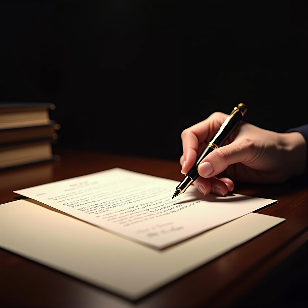 Personne écrivant une lettre formelle avec stylo plume, modèles de courriers et enveloppes sur un bureau élégant, ambiance professionnelle et soignée