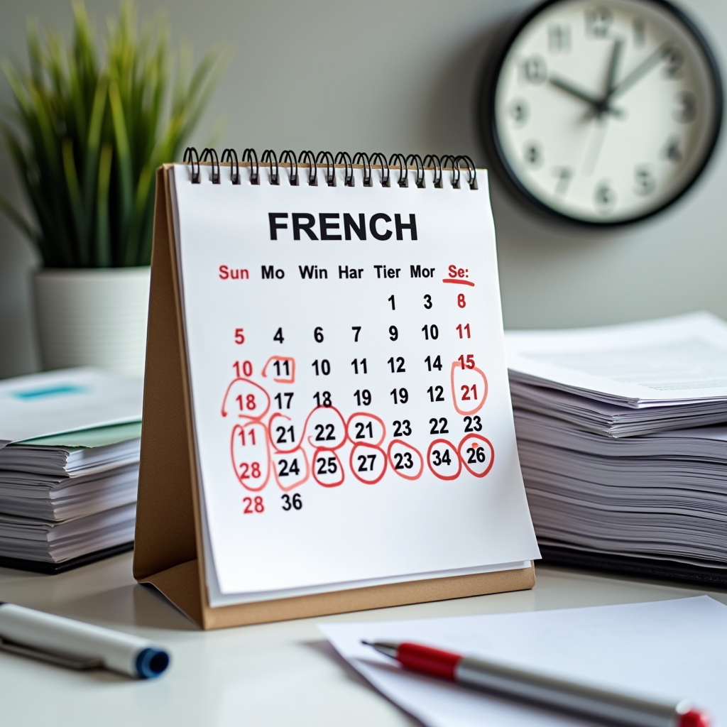 Calendrier français avec dates importantes entourées en rouge, horloge murale, documents administratifs empilés, stylo, ambiance de bureau organisé avec lumière douce