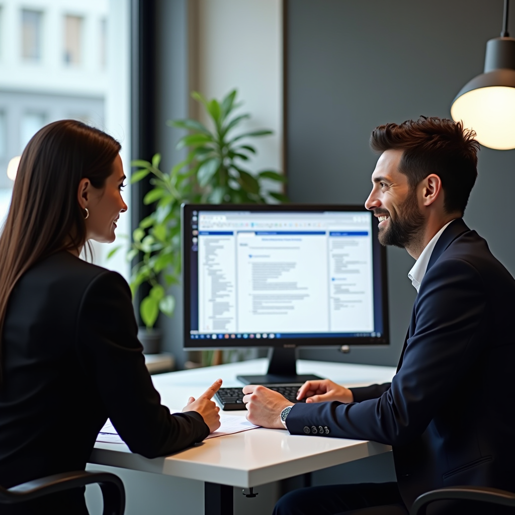 Consultation entre un spécialiste et un client dans un bureau moderne avec écran d'ordinateur affichant des documents juridiques, atmosphère professionnelle et bienveillante